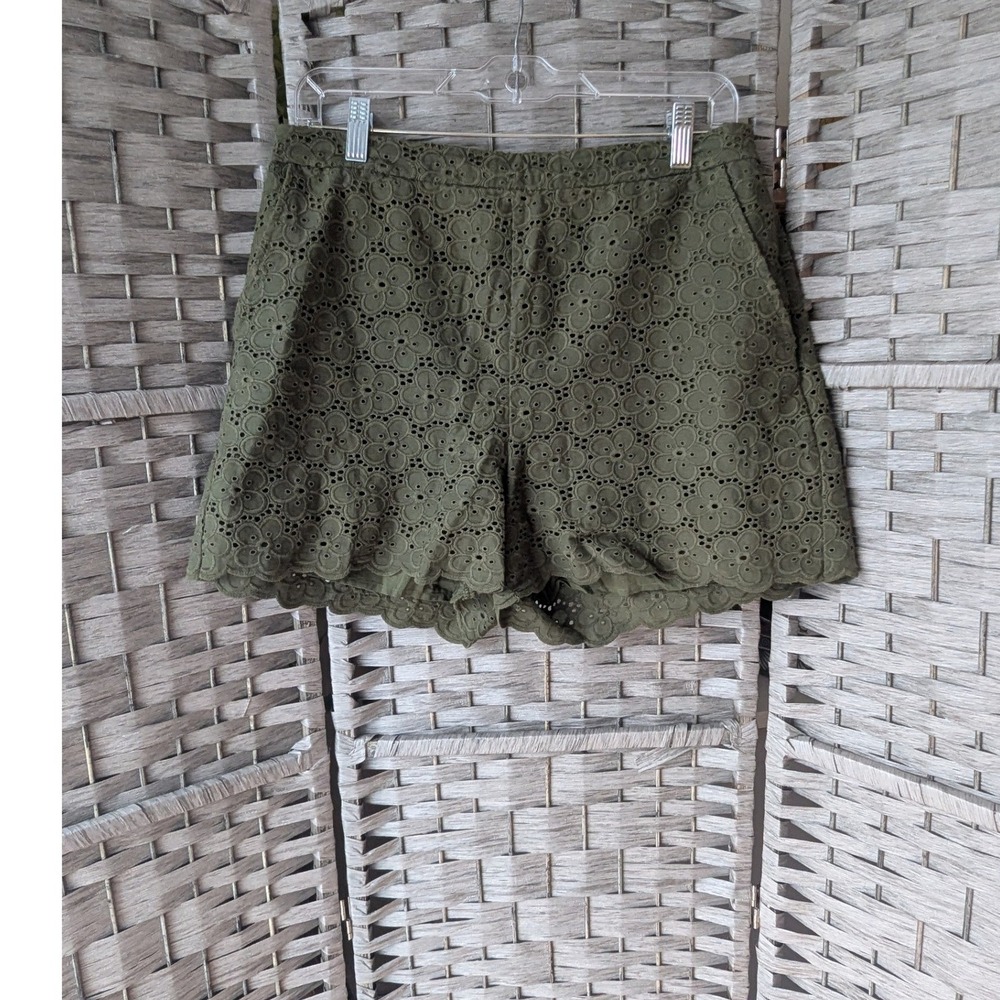 Maeve Anthro Shorts Olive Green Floral Eyelet Scalloped Hem Lined Womens Sz 10